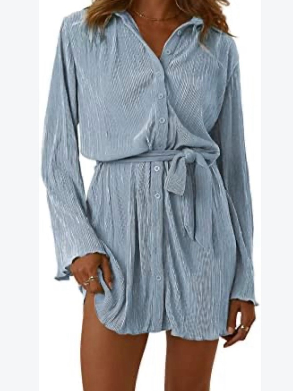 Light Blue Button-Front Tie-Waist Shirt Dress